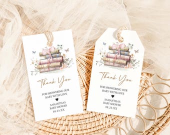 Editable A New Chapter Begins Baby Shower Favor Tag, Coquette Storybook Baby Shower Gift Tags, Gender Neutral Book Baby Shower Tags, 01083