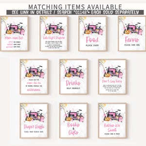 a collection of nine framed items, each with a different design and text, arranged in a grid pattern. The items appear to be related to Halloween or a similar theme, as indicated by the presence of pumpkins, bats, and other Halloween-related imagery. The text on the items is mostly decorative and does not provide specific information about the items themselves. The items are organized in a grid format, with three rows and three columns.