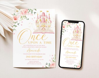 Può includere: Un invito a tema principessa con un'illustrazione di castello rosa, decorazioni floreali e il testo "Once Upon a Time". L'invito è per una festa di 2° compleanno e include il nome "Amanda".