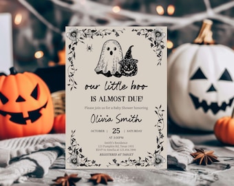 Editable Little Boo is Almost Due Baby Shower Invitation, Black Floral Gothic Baby Shower Invite, Ghost Halloween Shower Invitation, 01151