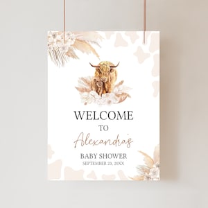 Bearbeitbares Boho Highland Cow Babyparty Willkommensschild, Geschlechtsneutrales Heilige Kuh Babyparty Willkommensplakat, Highland Cow Boho Babyparty, 0510