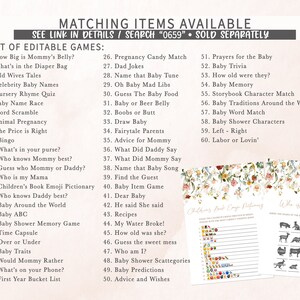 May include: A printable list of 60 baby shower games, with a floral background. The games are listed in two columns, with titles such as "How Big is Mommy's Belly?" and "Baby Shower Characters".