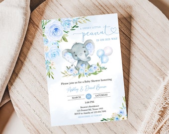 Editable Blue Elephant Baby Shower Invitation, Boy Elephant Balloon Baby Shower Invite, Blue Balloon Boy Baby Shower Invite Template, 0617