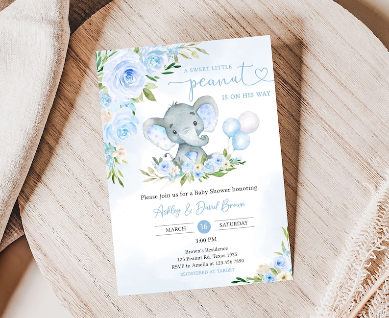 Editable Blue Elephant Baby Shower Invitation, Boy Elephant Balloon Baby Shower Invite, Blue Balloon Boy Baby Shower Invite Template, 0617 image 1