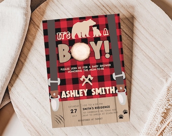 Editable Lumberjack Baby Shower Invitation, Buffalo Plaid Boy Baby - Main Image