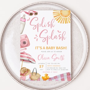 Editable Girl Beach Baby Shower Invitation, Splish Splash Baby Bash Baby Shower Invite, Pink Summer Baby Shower Invitation Template, 0744