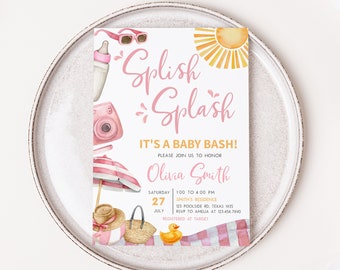 Editable Girl Beach Baby Shower Invitation, Splish Splash Baby Bash Baby Shower Invite, Pink Summer Baby Shower Invitation Template, 0744