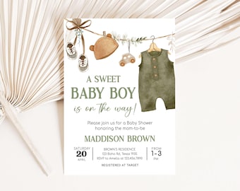 Editable Baby Clothes Boho Baby Shower Invitation, Rustic Sweet Baby Boy Baby Shower Invitation, Green Boho Baby Shower Invitation, 01045