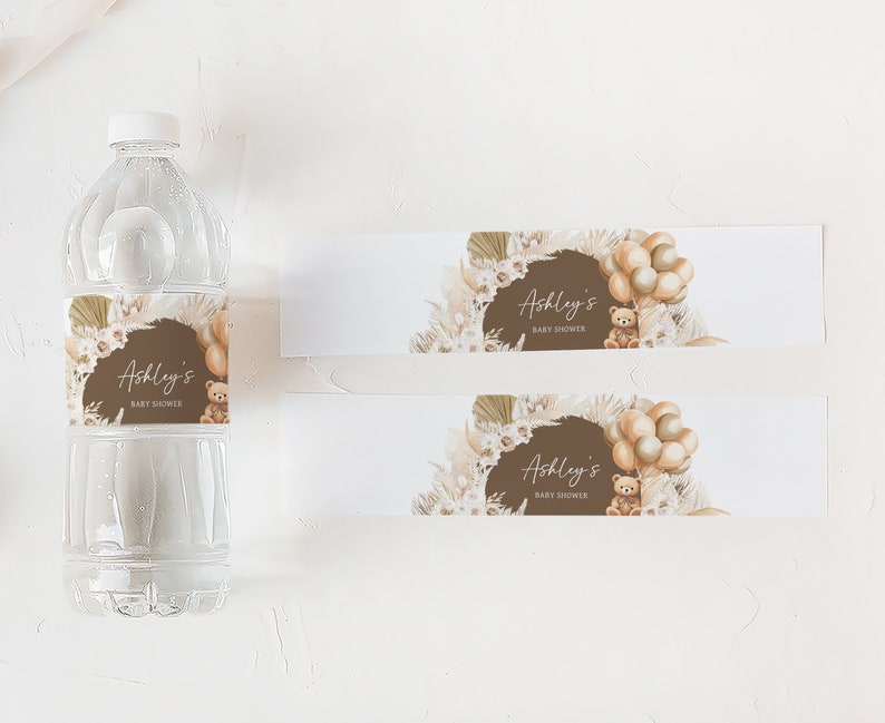 Editable Bear Balloons Baby Shower Bottle Label, We Can Bearly Wait Boho Baby Shower Water Labels, Brown Teddy Bear Bottle Stickers, 0694 image 3