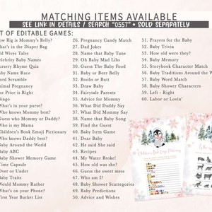May include: A printable baby shower game set with a list of editable games, including "How Big is Mommy's Belly?" and "Baby Trivia." The set also includes a Children's Book Emoji Pictionary and a "Who is my mama?" game.