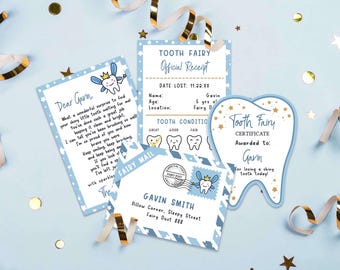 Editable Tooth Fairy Kit, Printable Tooth Fairy Letter, Blue Lost Tooth Fairy Receipt, Printable Tooth Fairy Note and Tooth Certificate, 2KA