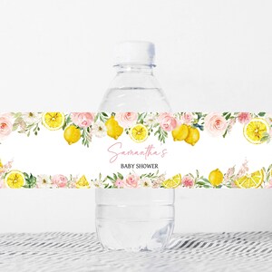 Étiquette modifiable de biberon floral rose citron pour baby shower, étiquettes d'eau pour baby shower limonade fille, autocollants pour bouteille d'eau été citron agrumes, 0718