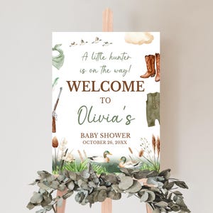 Panneau de bienvenue modifiable pour baby shower, canard colvert, affiche de bienvenue pour baby shower, signe de baby shower de petit chasseur, 0965