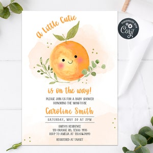 Editable Little Cutie Is On The Way Baby Shower Invitation Orange Baby Shower Invite Gender Neutral Clementine Baby Printable Template 0257