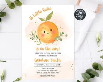 May include: A baby shower invitation with a cute orange illustration. The text reads "A Little Cutie is on the way!" and includes the name "Caroline Smith", the date "Saturday, May 20 at 2PM", and the location "Smith's Residence, 123 Orange Rd, Texas 1935".