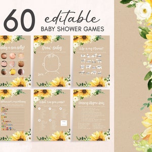 Editable Sunflower Girl Baby Shower Games Bundle, Rustic Boho Baby Shower Game Pack, Sunflower Yellow Floral Baby Shower Games Template 0379 image 1