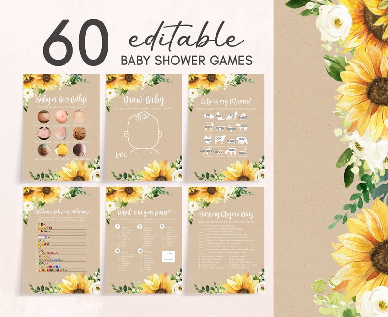 Editable Sunflower Girl Baby Shower Games Bundle, Rustic Boho Baby Shower Game Pack, Sunflower Yellow Floral Baby Shower Games Template 0379 image 1