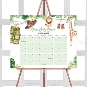 Bearbeitbar Ein kleiner wilder Babyparty-Fälligkeitskalender, Greenery-Wäscheleine-Babypartykalender, Dschungelsafari-Geburtstagsvorhersage 01061
