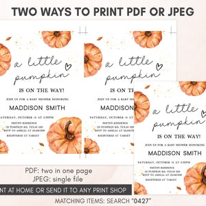 Edytowalny zestaw zaproszeń na baby shower Little Pumpkin, zestaw zaproszeń na baby shower w stylu jesiennym, neutralne pod względem płci jesienne zaproszenie na dynię 0427 zdjęcie 3