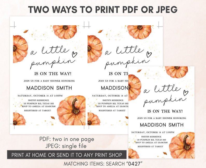 Edytowalny zestaw zaproszeń na baby shower Little Pumpkin, zestaw zaproszeń na baby shower w stylu jesiennym, neutralne pod względem płci jesienne zaproszenie na dynię 0427 zdjęcie 3