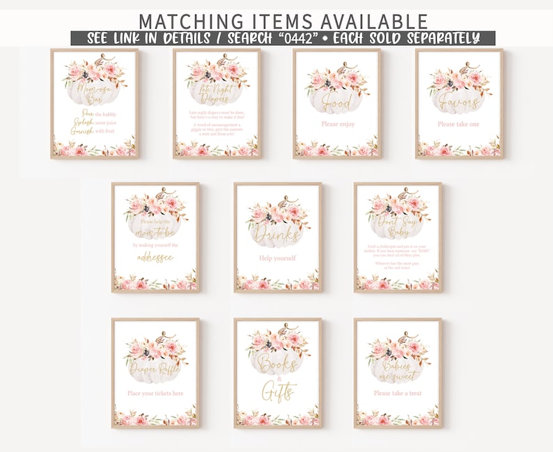 May include: A collection of framed signs with floral pumpkin designs. The signs have gold text and are for a baby shower. Text includes "Mimosa Bar", "Late Night Diapers", "Food", "Favors", "Drinks", and "Books & Gifts".
