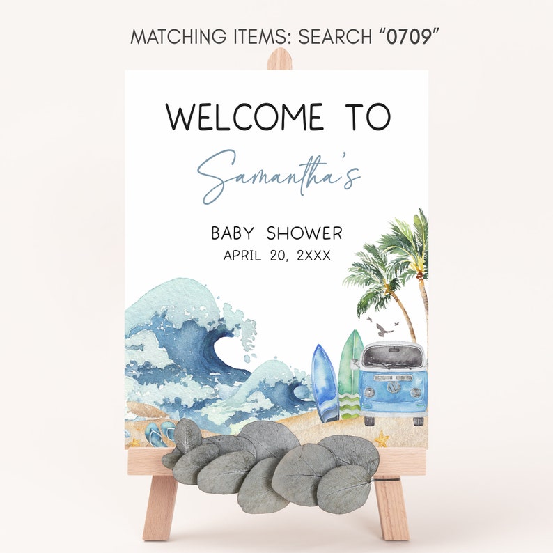 Bewerkbaar baby aan boord babyshower welkomstbord, surfstrand babyshower welkomstposter, retro surfjongen zomer babyshower adresbord, 0709 afbeelding 3