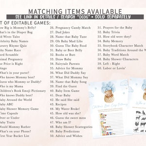 Puede incluir: Un conjunto de juegos de baby shower imprimibles con un esquema de color azul y blanco. Los juegos incluyen "How Big is Mommy's Belly?", "What's in the Diaper Bag", "Old Wives Tales", "Celebrity Baby Names", "Nursery Rhyme Quiz", "Baby Name Race", "Word Scramble", "Animal Pregnancy", "The Price is Right", "Bingo", "What's in your purse?", "Who knows Mommy best?", "Guess who Mommy or Daddy?", "Who is my Mama", "Children's Book Emoji Pictionary", "Who knows Daddy best?", "Baby Around the World", "Baby ABC", "Baby Shower Memory Game", "Time Capsule", "Over or Under", "Baby Traits", "Would Mommy Rather", "What's on your Phone?", "First Year Bucket List", "Pregnancy Candy Match", "Dad Jokes", "Name that Baby Tune", "Oh Baby Mad Libs", "Guess The Baby Food", "Baby or Beer Belly", "Boobs or Butt", "Draw Baby", "Fairytale Parents", "Advice for Mommy", "What Did Daddy Say", "What Did Mommy Say", "Name that Baby Song", "Find the Guest", "Baby Item Game", "Dear Baby", "He said She said", "Recipes", "My Water Broke!", "How old was she?", "Guess the sweet mess", "Who am I?", "Baby Shower Scattegories", "Baby Predictions", "Advice and Wishes", "Prayers for the Baby", "Baby Trivia", "How old were they?", "Baby Memory", "Storybook Character Match", "Baby Traditions Around the World", "Baby Word Match", "Baby Shower Characters", "Left - Right", "Labor or Lovin'".
