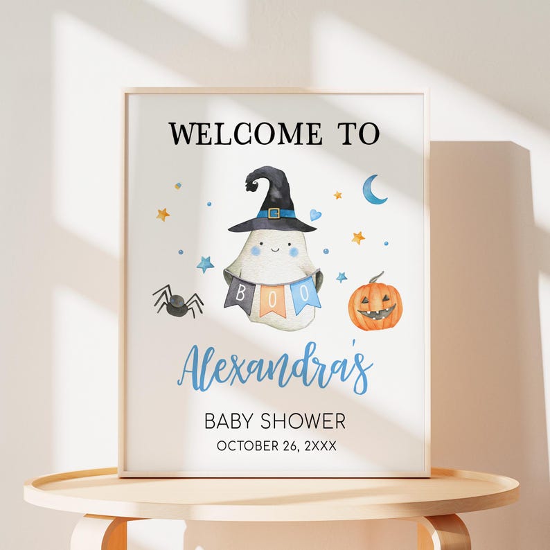 Editable A Little Boo Blue Baby Shower Welcome Sign, Ghost Halloween ...