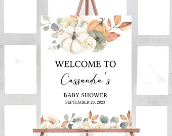 Editable Little Pumpkin Baby Shower Welcome Sign, Autumn Fall Baby Shower Welcome Poster, Rustic Floral Pumpkin Welcome Sign Template 0424