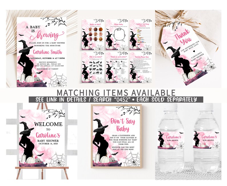 May include: A collection of baby shower decorations with a Halloween theme. Includes invitations, games, a welcome sign, water bottle labels, and a thank you tag. The designs feature a witch silhouette, spiderwebs, and pink watercolor accents.