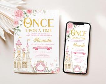 Editable Once Upon a Time Princess Birthday Invitation, Magical Castle Party Invite, Pink Floral Carriage Girl Birthday Invitation, 112BD