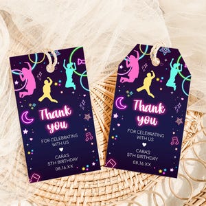 Editable Glow Jump Birthday Favor Tag, Trampoline Birthday Gift Tag, Girl Let's Jump Party Tag, Bounce House, Neon Glow Party Favor Tag 93BD