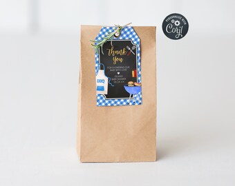 Editable Blue Baby-Q Baby Shower Favor Tag, BBQ Couples Backyard Baby Shower Gift Tag, Bun in the Oven Gingham Shower Thank You Tag, 0842