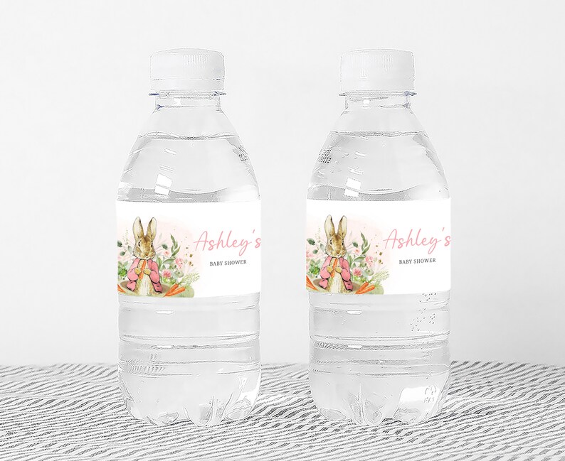 two bottles of water with labels on them