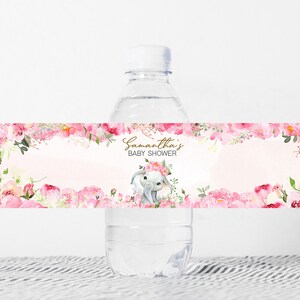 Étiquette de biberon modifiable éléphant rose, enveloppes d&#39;eau florales rose poudré pour baby shower, modèle imprimable Decor bébé éléphant fille 0224