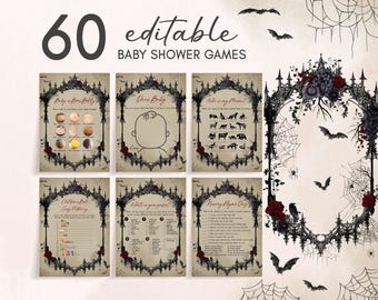 Editable Gothic Halloween Baby Shower Games Bundle, Vintage Spooky Baby Shower Game Pack, Witch Vintage Goth Baby Shower Game Template, 0945