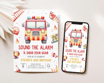 Editable Fire Truck 2nd Birthday Invitation, Firefighter Kids Party Invite, Fire Engine Printable Template, Sound the Alarm Birthday, 117BD