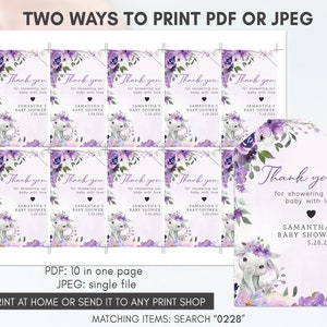 May include: Purple and white thank you tags with a floral design and an illustration of an elephant. The text on the tags reads "Thank you for showering our baby with love" and "Samantha's Baby Shower".