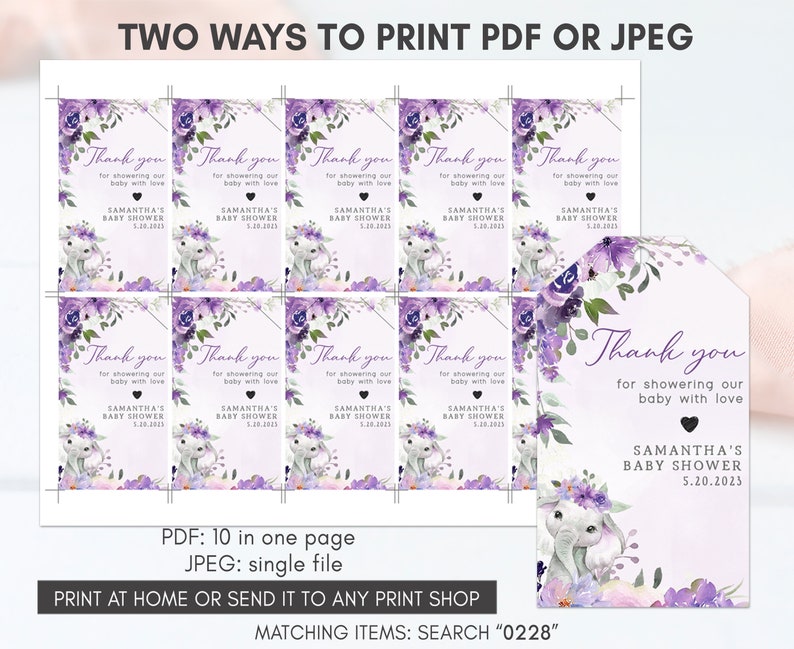 May include: Purple and white thank you tags with a floral design and an illustration of an elephant. The text on the tags reads "Thank you for showering our baby with love" and "Samantha's Baby Shower".