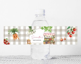 Bearbeitbares lokal gewachsenes Babypartyflaschenetikett, Landbauernmarkt-Babypartyetikett, Bio-Mädchen-Babypartyflaschenaufkleber, 01080