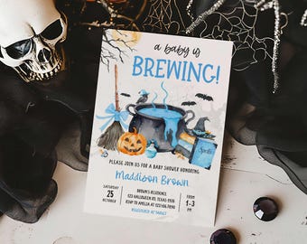 Bearbeitbar Blau Ein Baby braut Halloween-Babyparty-Einladung, gruselige Hexe-Babyparty-Einladung, Junge-Halloween-Babyparty-Einladung, 01148