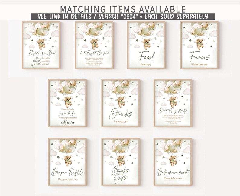 Op de afbeelding: Negen printbare borden voor een babyshower met een teddybeerthema. De borden zijn versierd met aquarel illustraties van een teddybeer die ballonnen vasthoudt. De borden omvatten: "Mimosas Bar", "Late Night Luiers", "Eten", "Favoren", "Help de aanstaande moeder door je thuis te voelen", "Drankjes", "Zeg niet Baby", "Luiers Loterij", "Boeken en Cadeaus", en "Baby's zijn zoet".