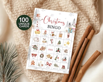 May include: A Christmas Bingo game card with festive illustrations, including a snowman, gifts, and holiday icons. The card features the text "Christmas Bingo" in red script and includes 100 unique cards. Cinnamon sticks and a cosy blanket are in the background.
