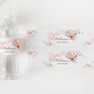Pink Bow Baby Shower Water Labels