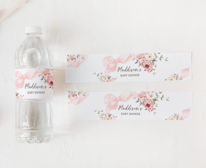 Pink Bow Baby Shower Water Labels