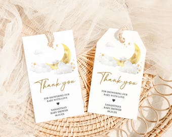 Editable Over the Moon Baby Shower Favor Tag, Twinkle Little Star Baby Shower Gift Tags, Gold Moon Stars Baby Shower Thank You Tag, 01079