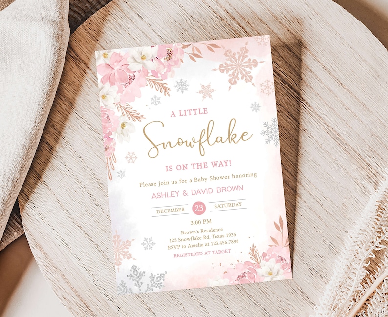 Convite editável para chá de bebê com floco de neve rosa, convite para chá de bebê com floco de neve rosa, modelo de convite para chá de bebê de inverno para meninas, 0520 imagem 1