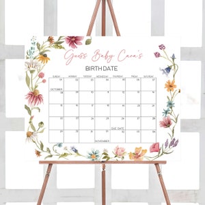 Bearbeitbarer Wildblumen-Babyparty-Fälligkeitskalender, Boho-Babypartykalender mit Blumenmuster, eine kleine Wildblumen-Frühlings-Geburtstagsvorhersage, 0630