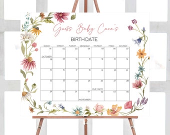Editable Wildflower Baby Shower Due Date Calendar, Floral Boho Baby Shower Calendar, A Little Wildflower Spring Birthday Predictions, 0630