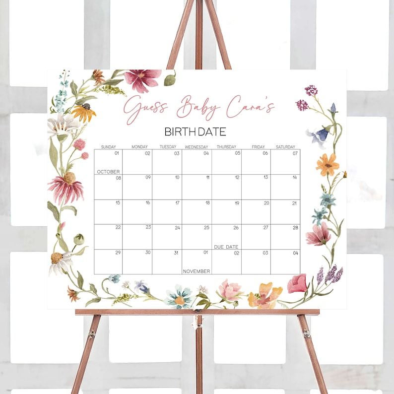 Editable Wildflower Baby Shower Due Date Calendar, Floral Boho Baby Shower Calendar, A Little Wildflower Spring Birthday Predictions, 0630 image 1